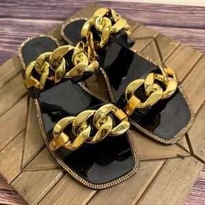 Lauren Lorraine New in Box Shiny Black and Gold Chain Sandals with Rhinestones